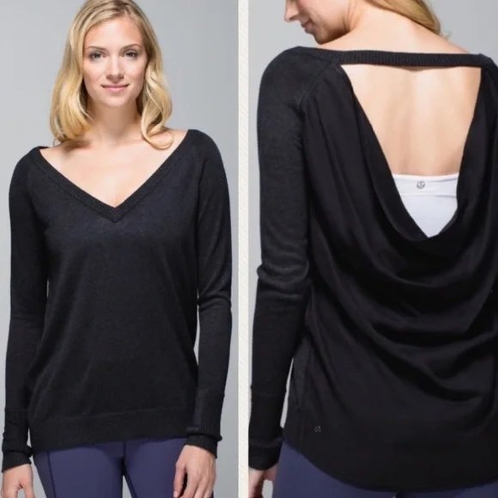 Lululemon Black V Neck Open Back Long Sleeve Sweater Top Women's Size Medium